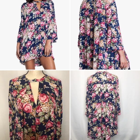 Umgee Navy Floral Trapeze Swing Cut Bell Sleeve Dress / Tunic Size L Large - Picture 6 of 14